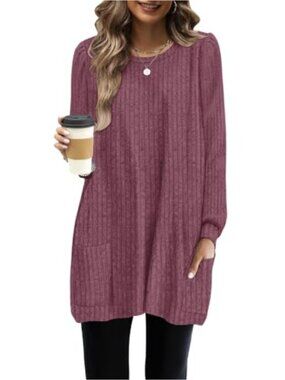 Women's Long Sleeve Tunic Sweater Dress with Pockets, Polyester Spandex